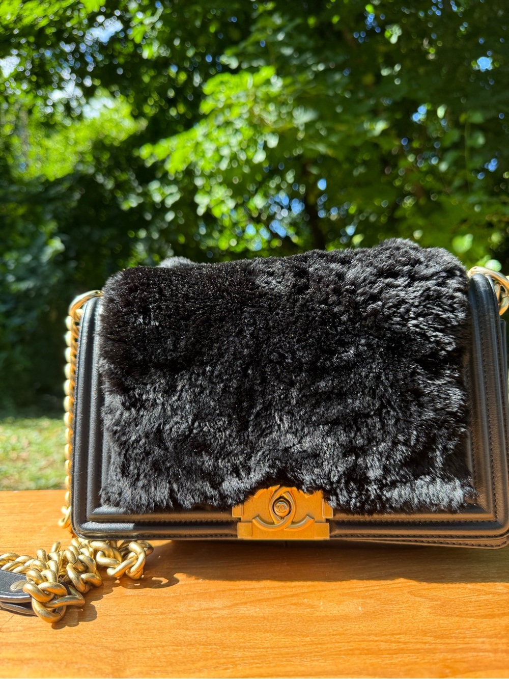 CHANEL Black Fur Panel Crossbody Bag with Gold Hardware